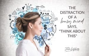 The Distraction of a Busy Mind Says, "Think About This" | woman standing profile in white blouse with pencil to chin, thinking with images of thoughts swirling around head