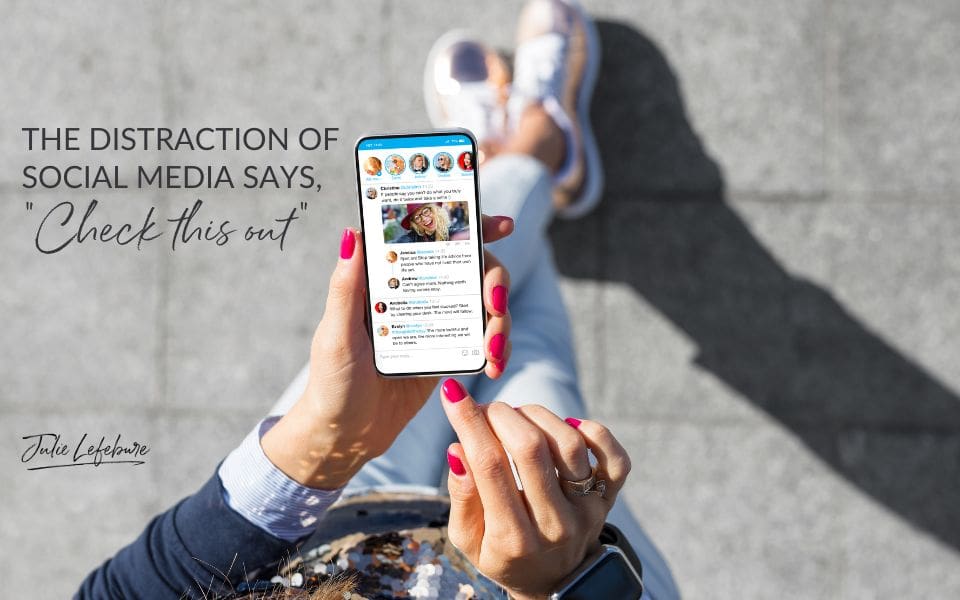 The Distraction of Social Media Says, "
Check This Out" | woman sitting with feet extended looking at social media on phone