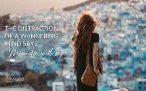 The Distraction of a Wandering Mind Says, "Meander with Me" | woman in dress with purse overlooking a city
